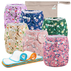 Wegreeco Chrysanthemum diaper pack shows six diapers for growing babies and all-day leak protection.