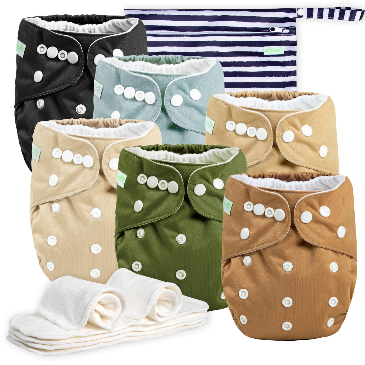 Wegreeco cloth diapers 6-pack with patterns for boys and girls, adjustable sizing for growing babies.