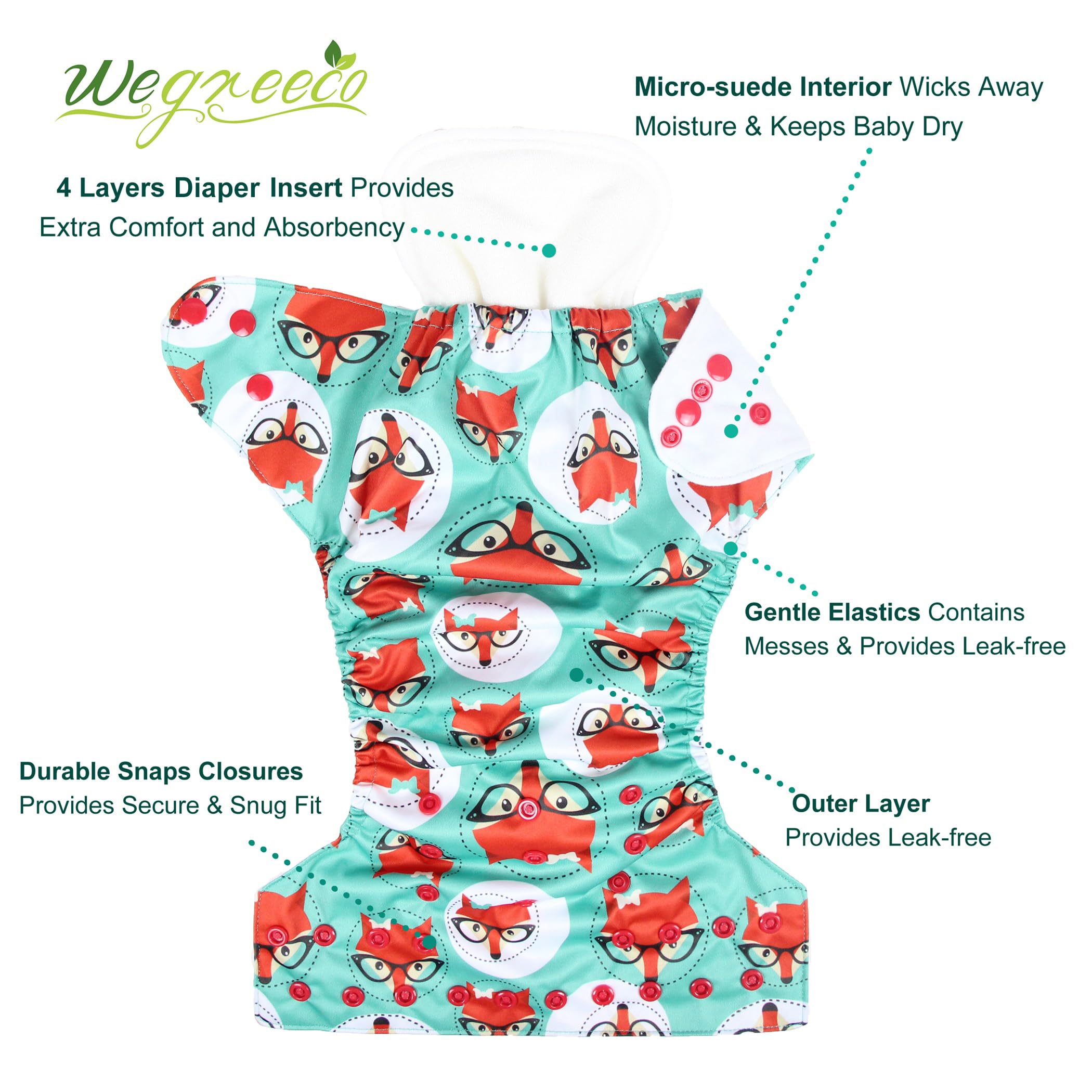 Wegreeco inserts four-layer absorbent for quick moisture wicking and comfort.