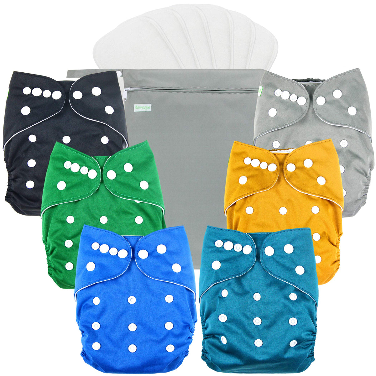 Wegreeco cloth diapers pack front view showing six diapers, ideal for everyday reuse