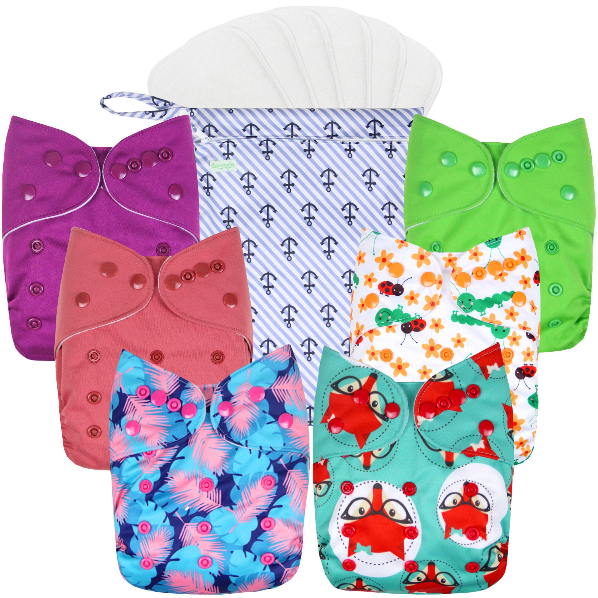 Wegreeco cloth diapers pack with six differing patterns for newborns to toddlers.