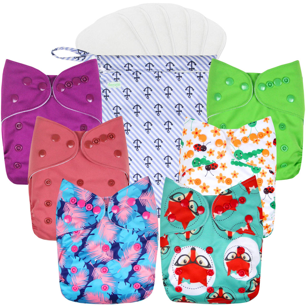Wegreeco cloth diapers pack with six differing patterns for newborns to toddlers.