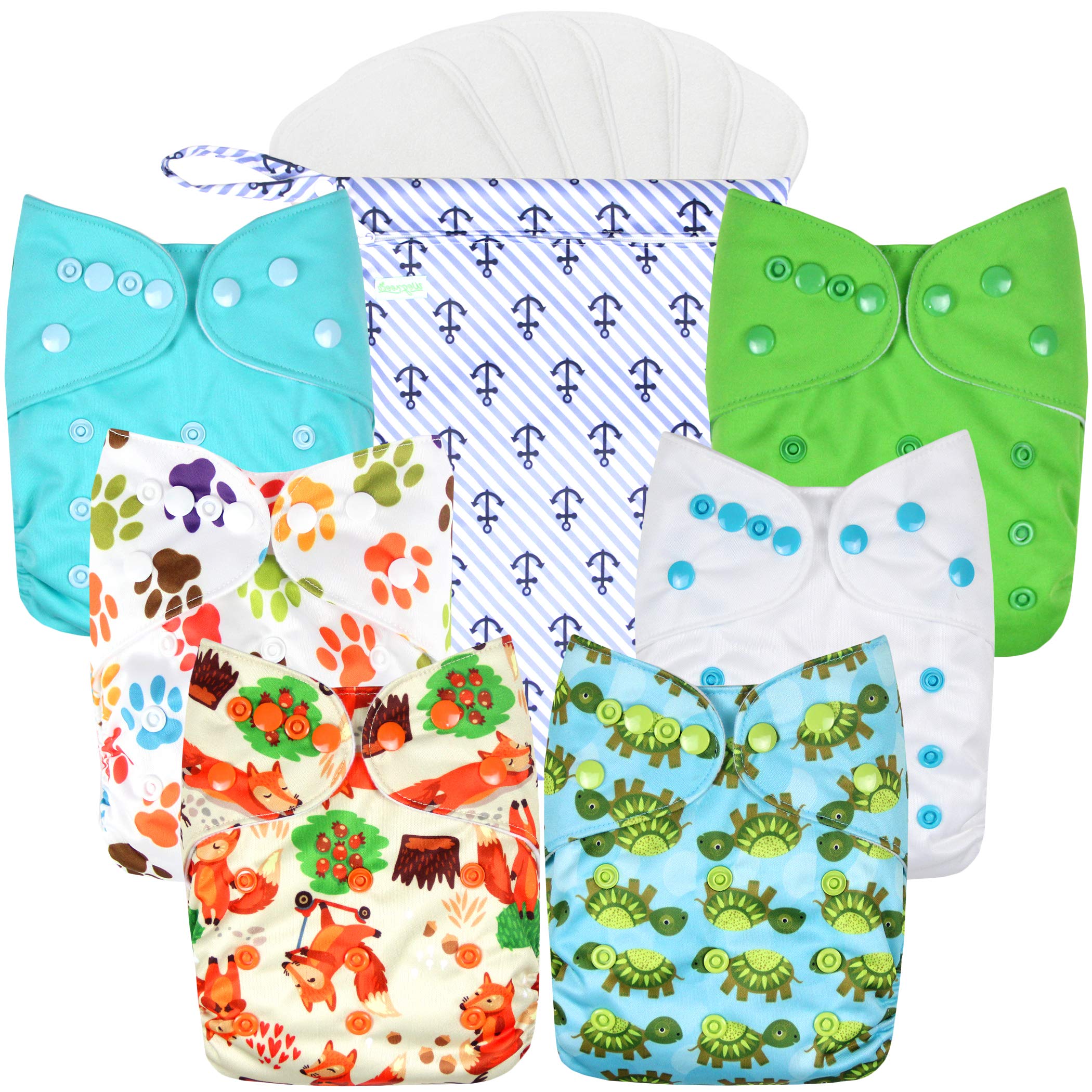 Wegreeco cloth diapers pack shows six modern prints for newborns, offering adjustable sizing and long-term reuse.