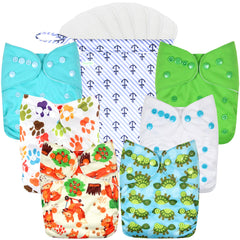 Wegreeco cloth diapers pack shows six modern prints for newborns, offering adjustable sizing and long-term reuse.
