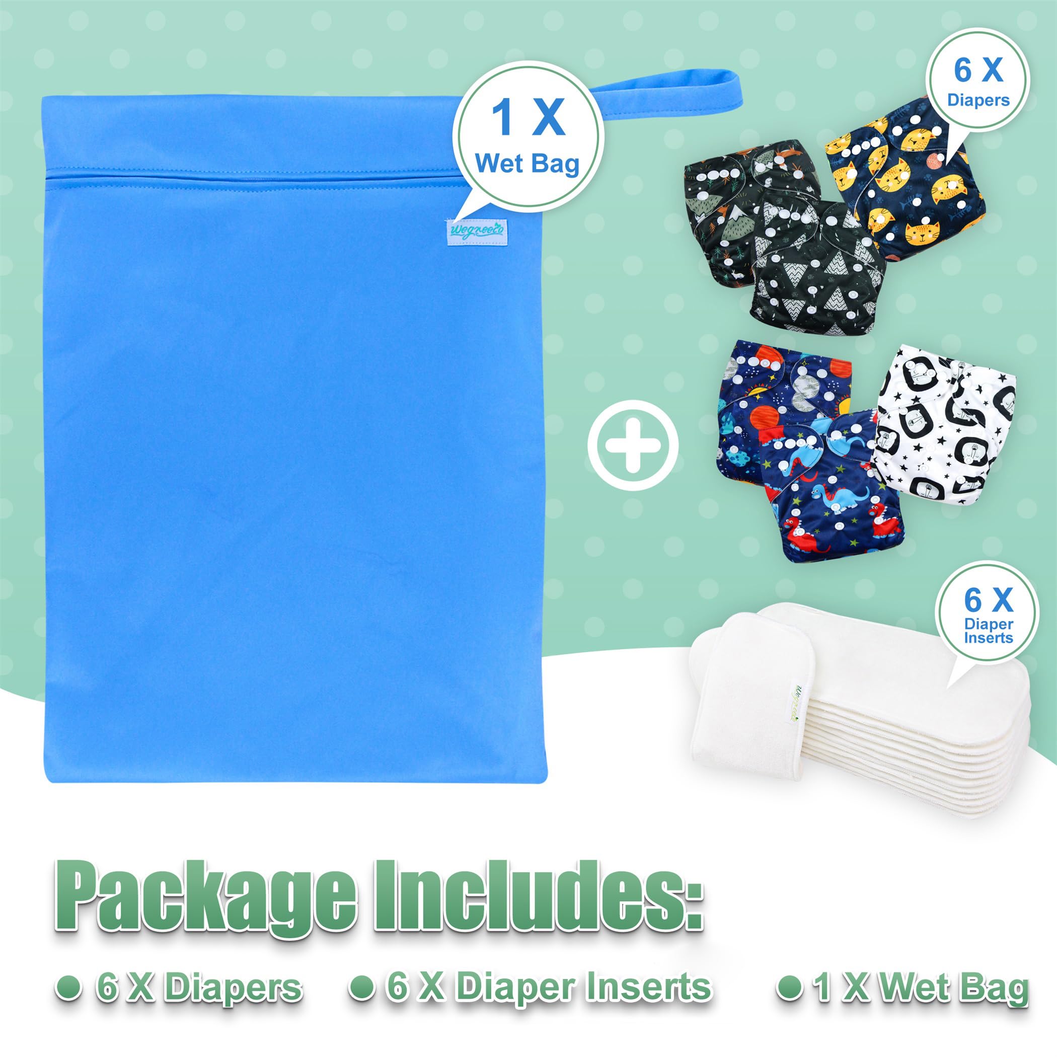Wegreeco Dinosaur diaper leg gusset emphasizes secure edge protection and reduced leaks.