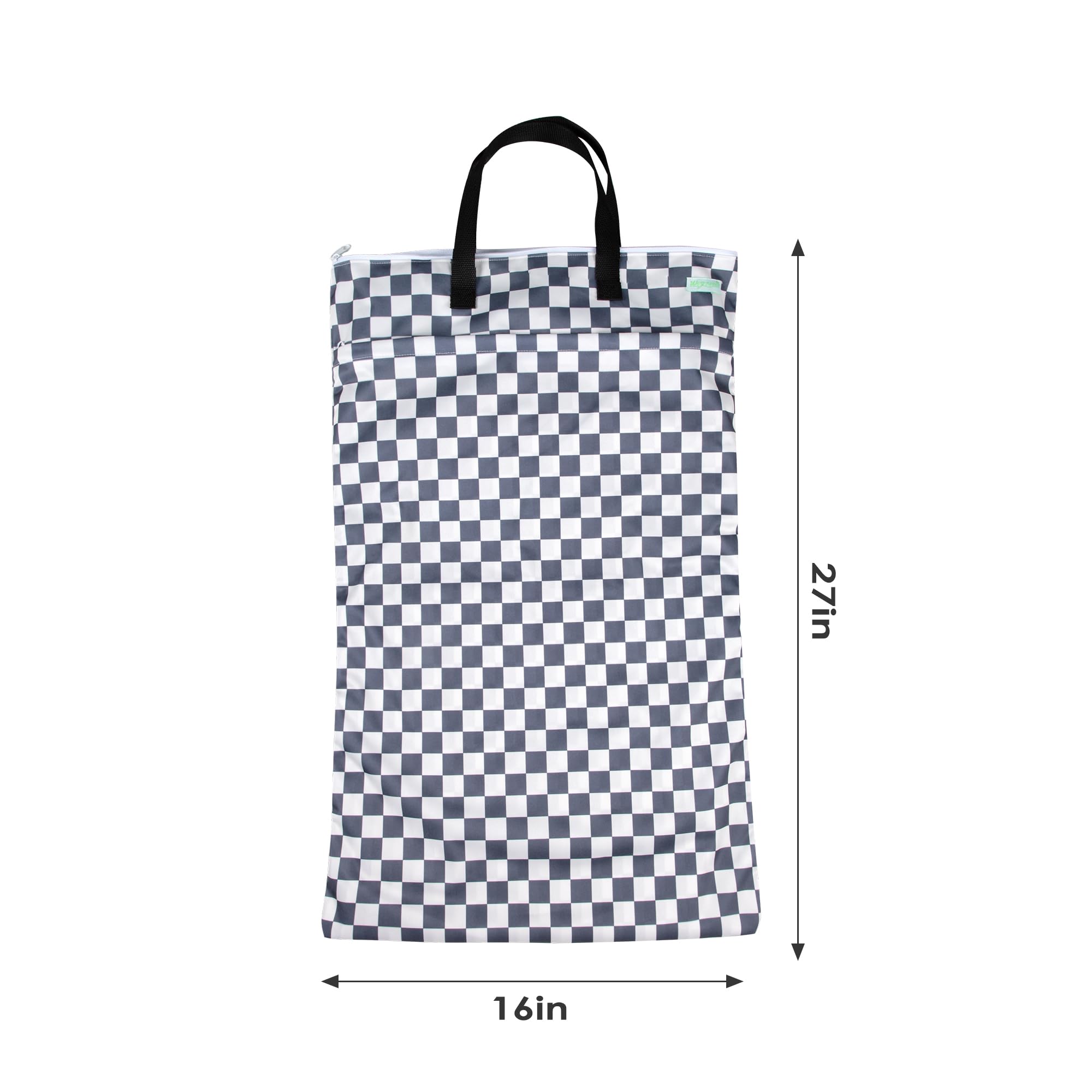 Wegreeco checkerboard grey wet bag features leak-free PUL fabric for mess-free transport.