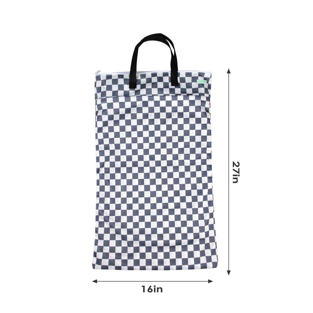 Wegreeco checkerboard grey wet bag features leak-free PUL fabric for mess-free transport.