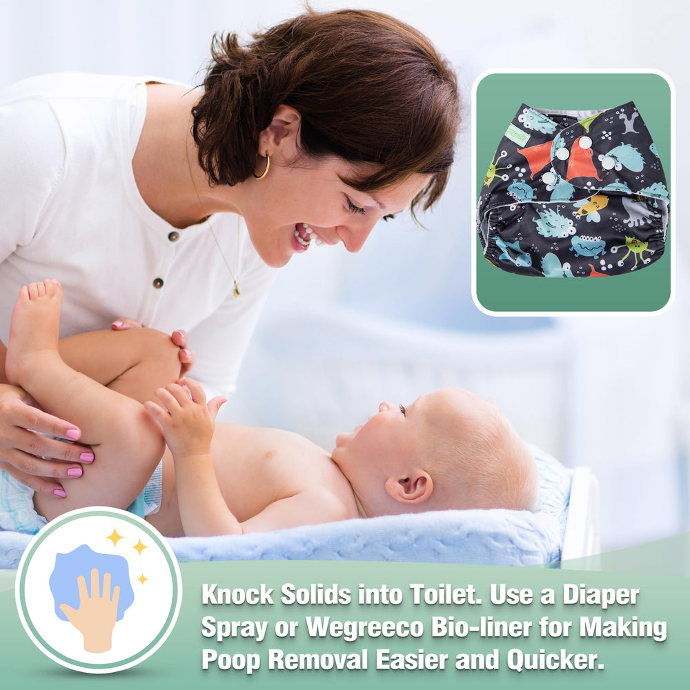 Wegreeco Monster Style baby wearing comfortably in reusable diapers.