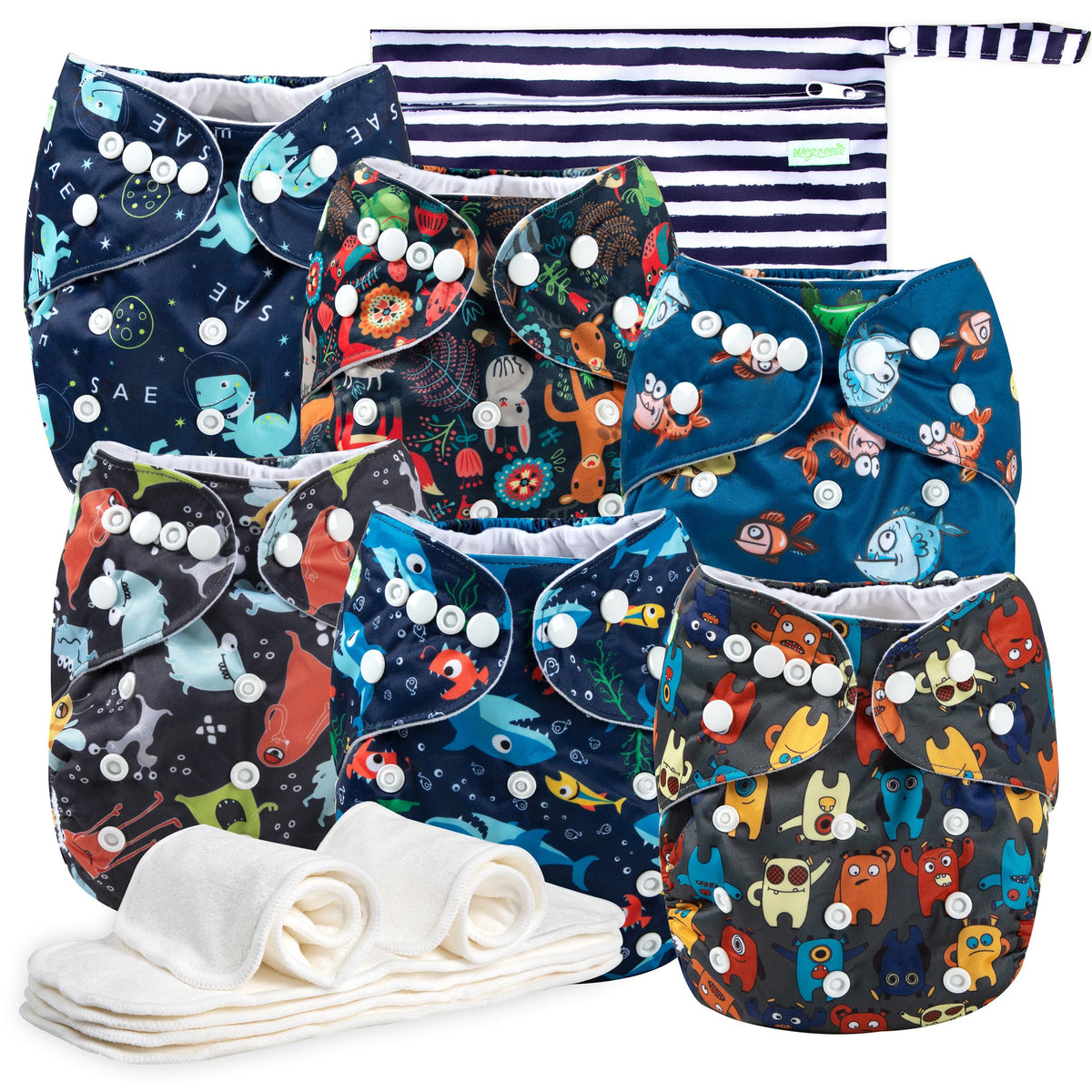 Wegreeco Monster Style diaper pack front view with six patterns for easy mix-and-match.