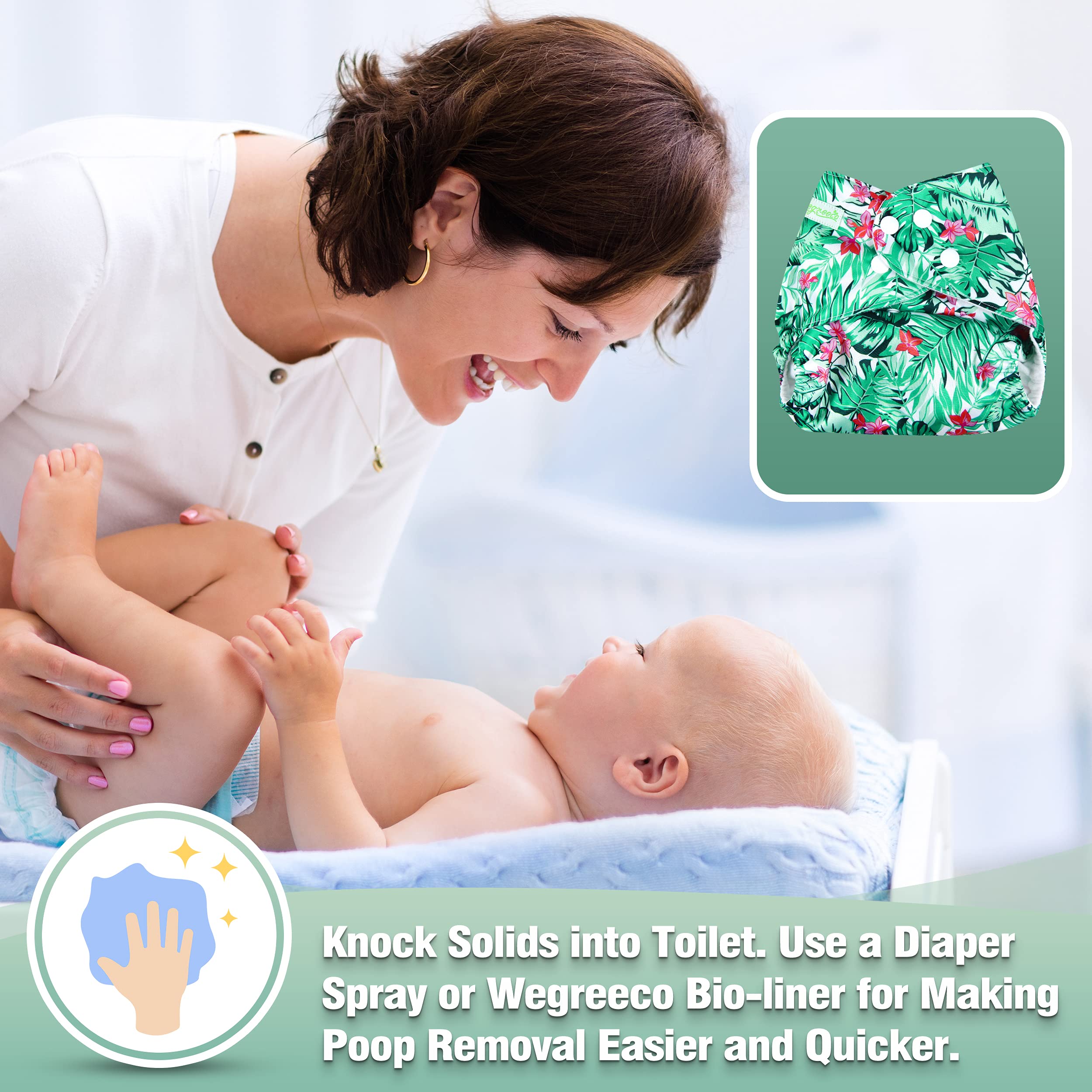 Wegreeco one-size diaper with three snap rows grows with baby.