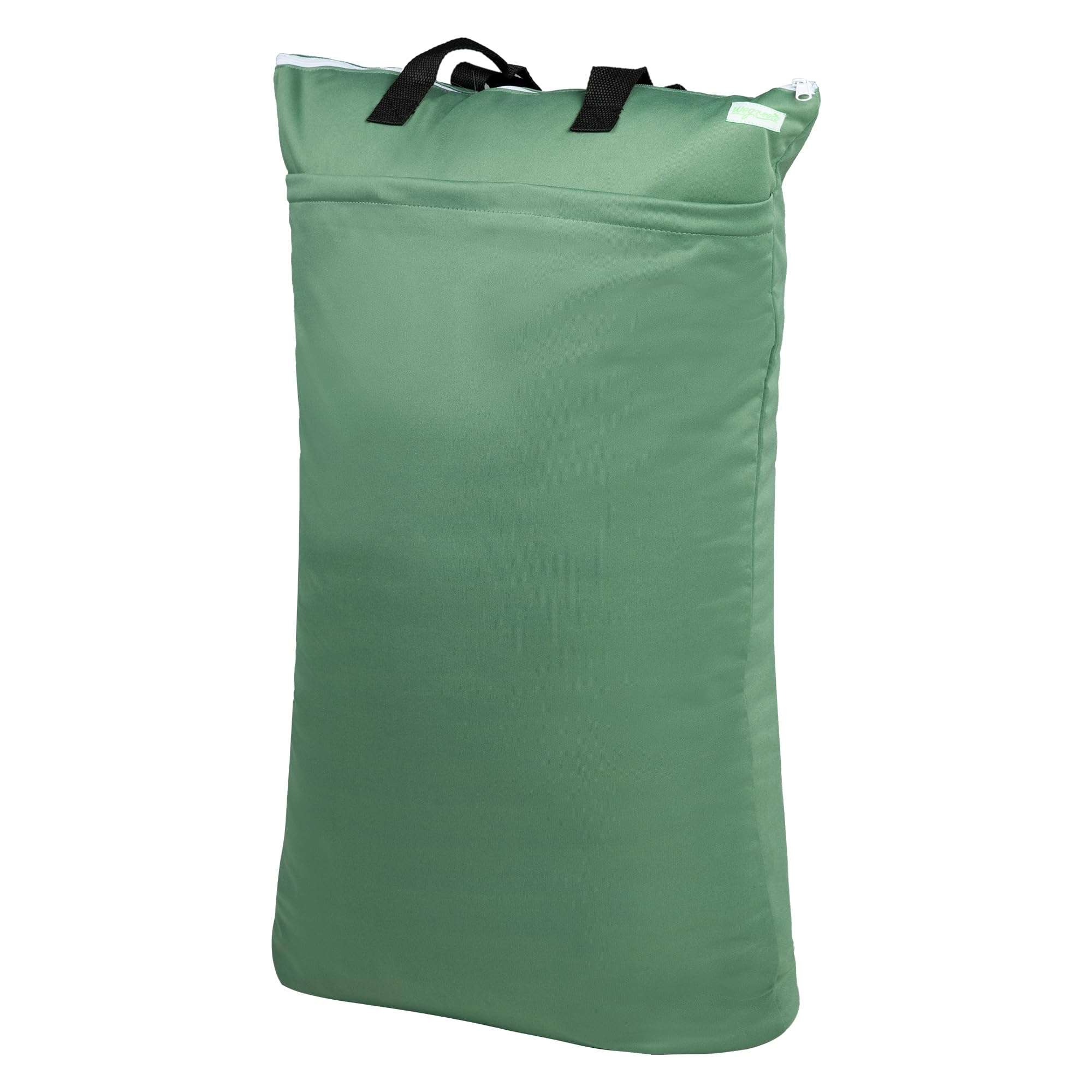 Wegreeco pea-green hanging diaper bag front view shows dual pockets for wet and dry items.