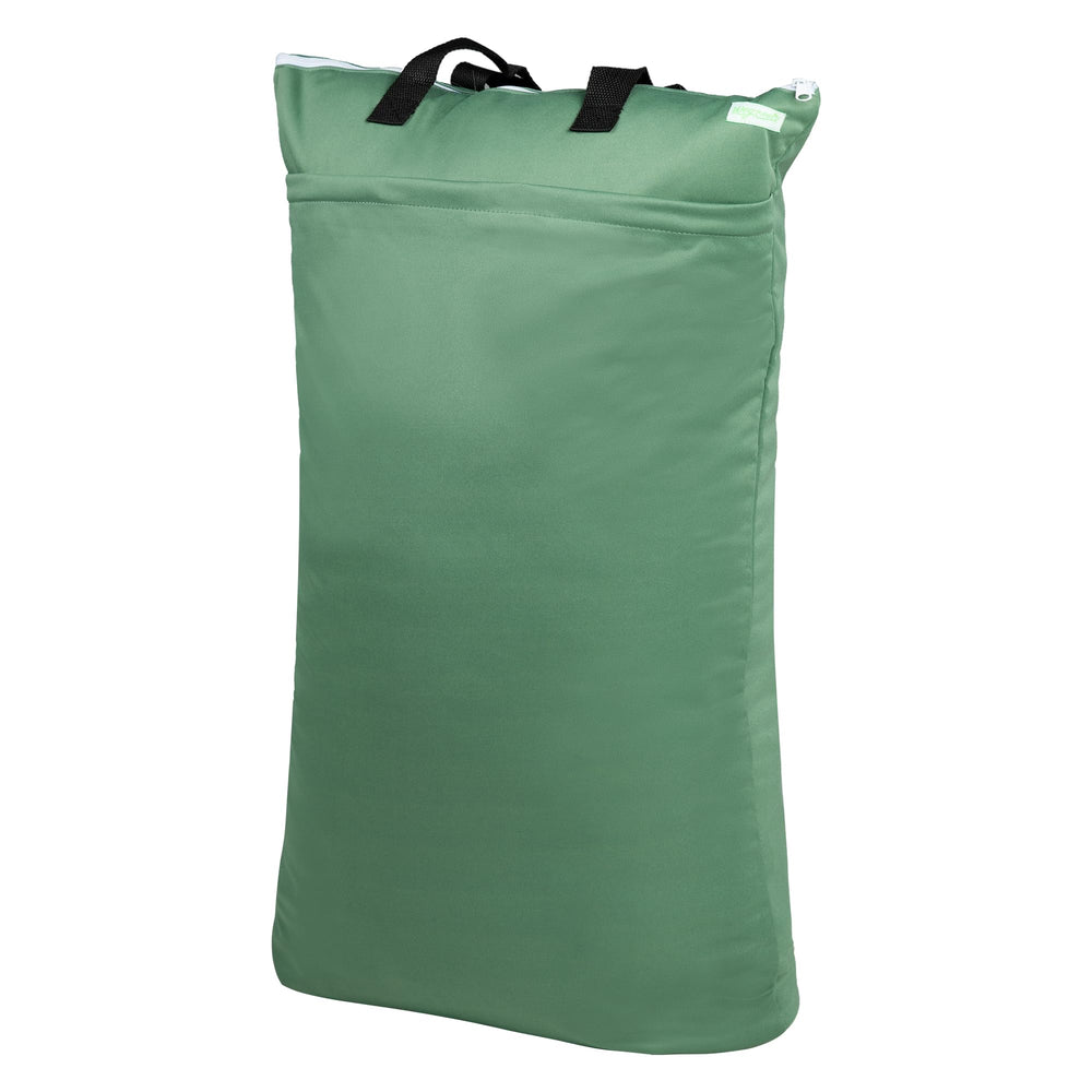 Wegreeco pea-green hanging diaper bag front view shows dual pockets for wet and dry items.