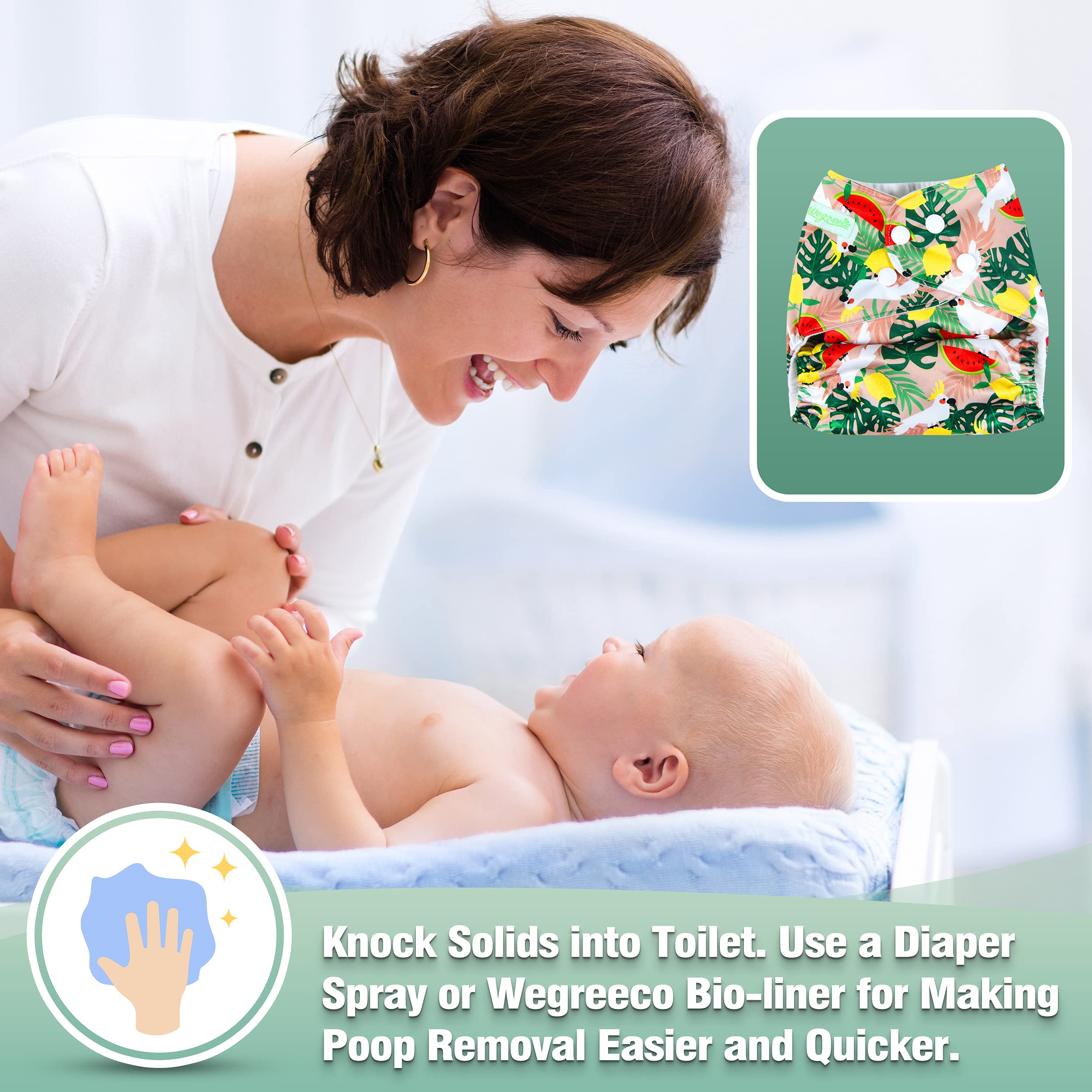 Wegreeco soft exterior PUL fabric keeps baby comfortable and prevents leaks.