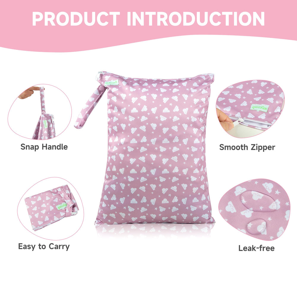 Wegreeco Wet Dry Bag White Clouds with snap handle, ready to attach to stroller.