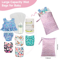 Wegreeco Wet Dry Bag White Clouds, open to show capacity for swimsuits and diapers.