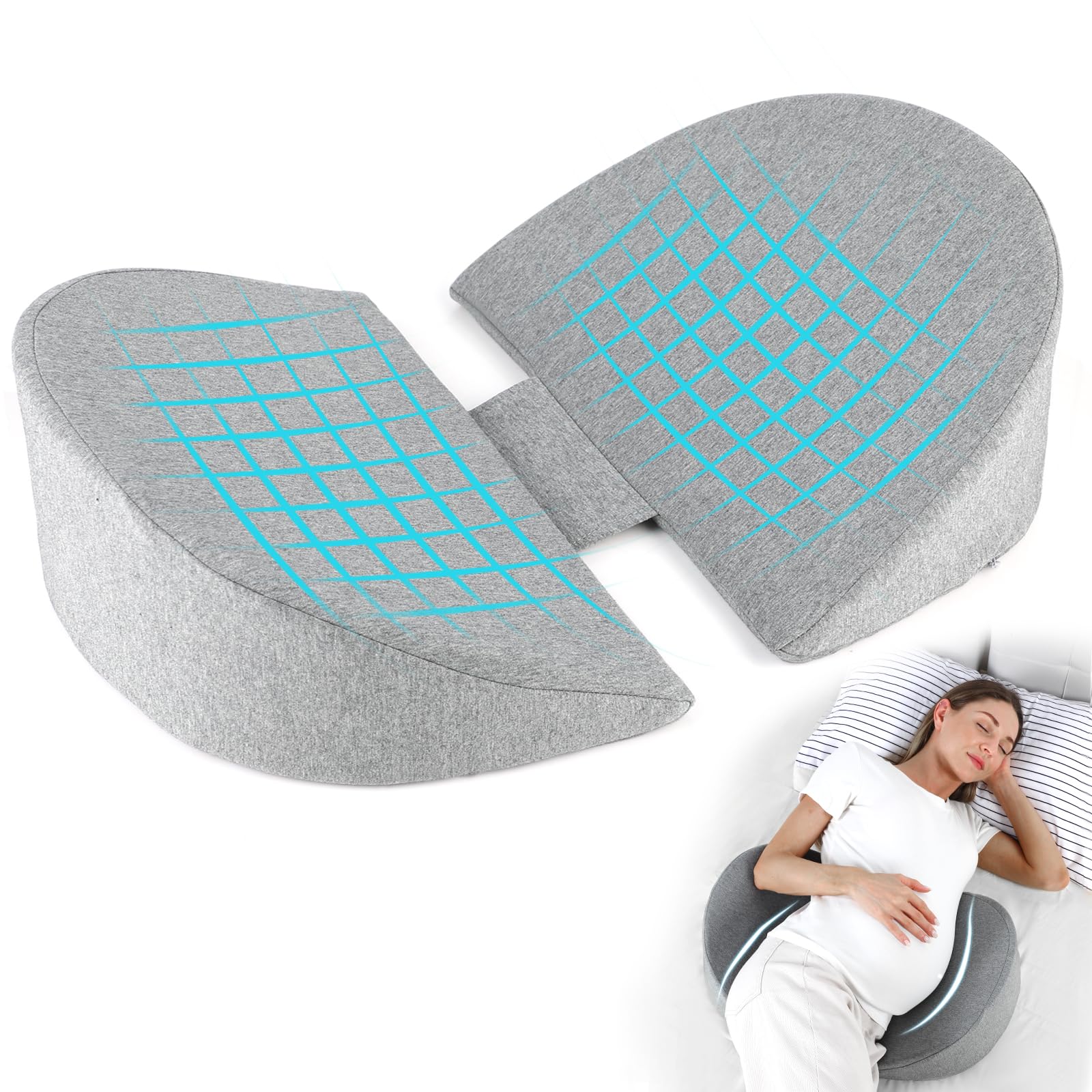 WEIKA pregnancy pillow 30-degree wedge supports side sleeping with belly cradle.