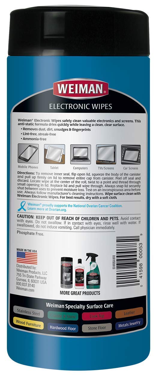 Weiman electronic wipes canister back label highlights 30-count convenience for electronics.