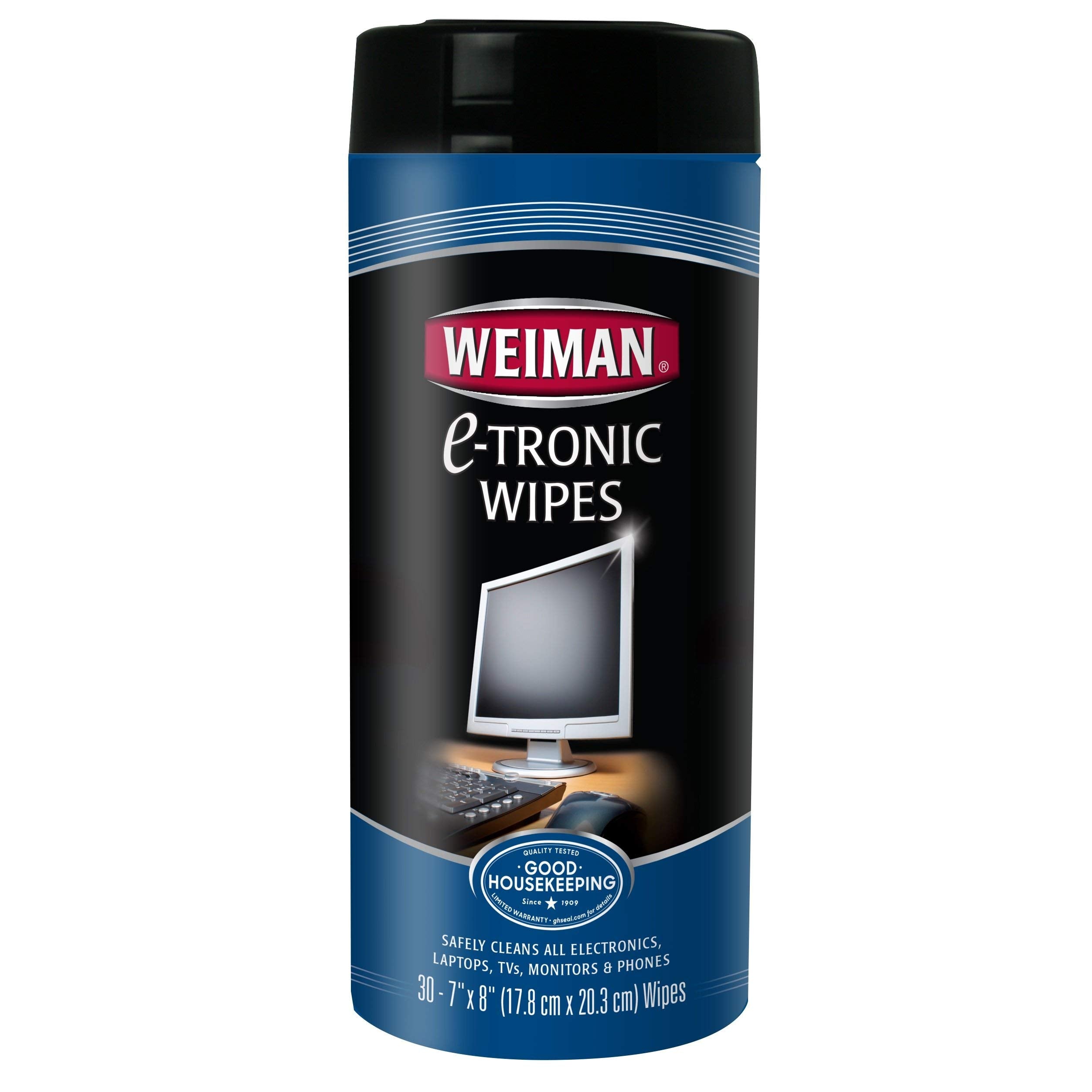 Weiman electronic wipes canister front shows two-pack ready for quick device cleaning.