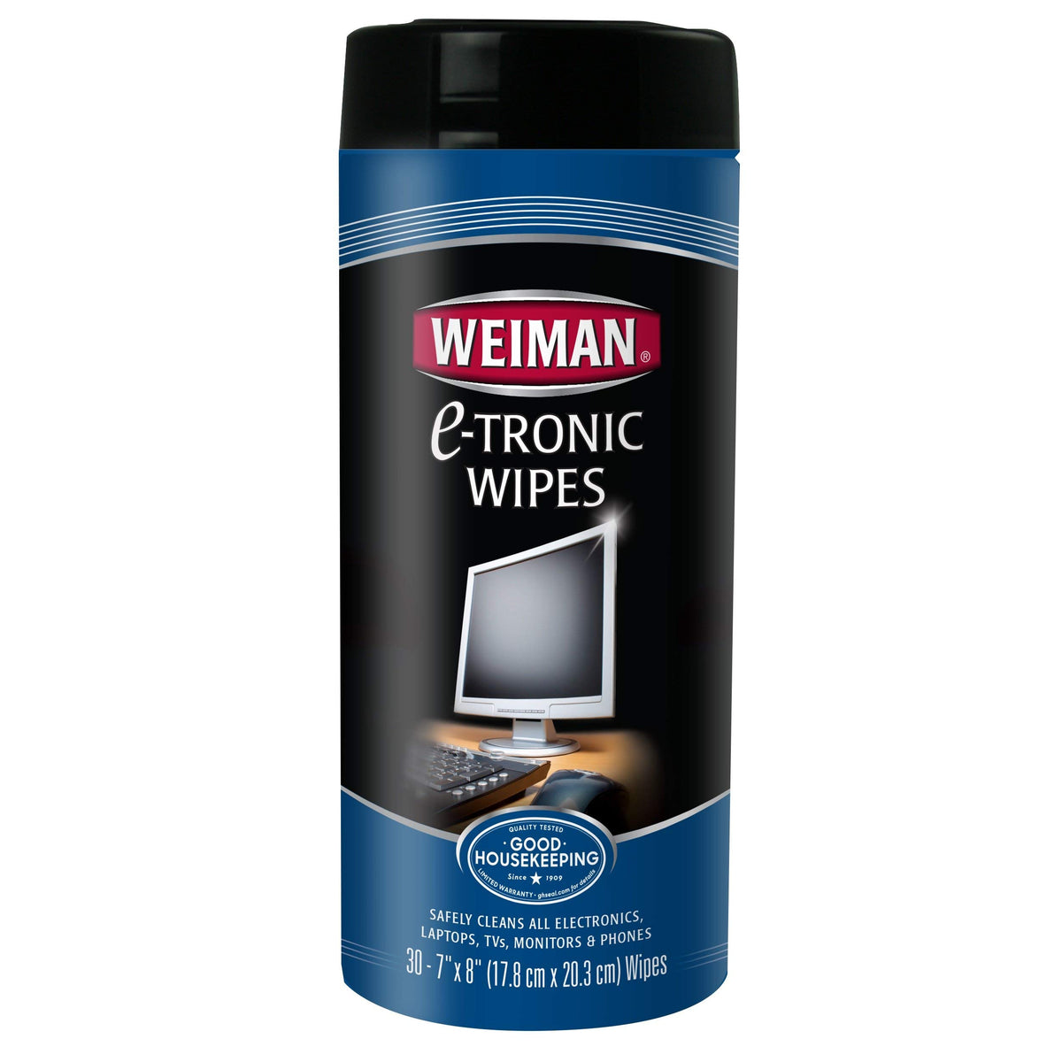 Weiman electronic wipes canister front shows two-pack ready for quick device cleaning.