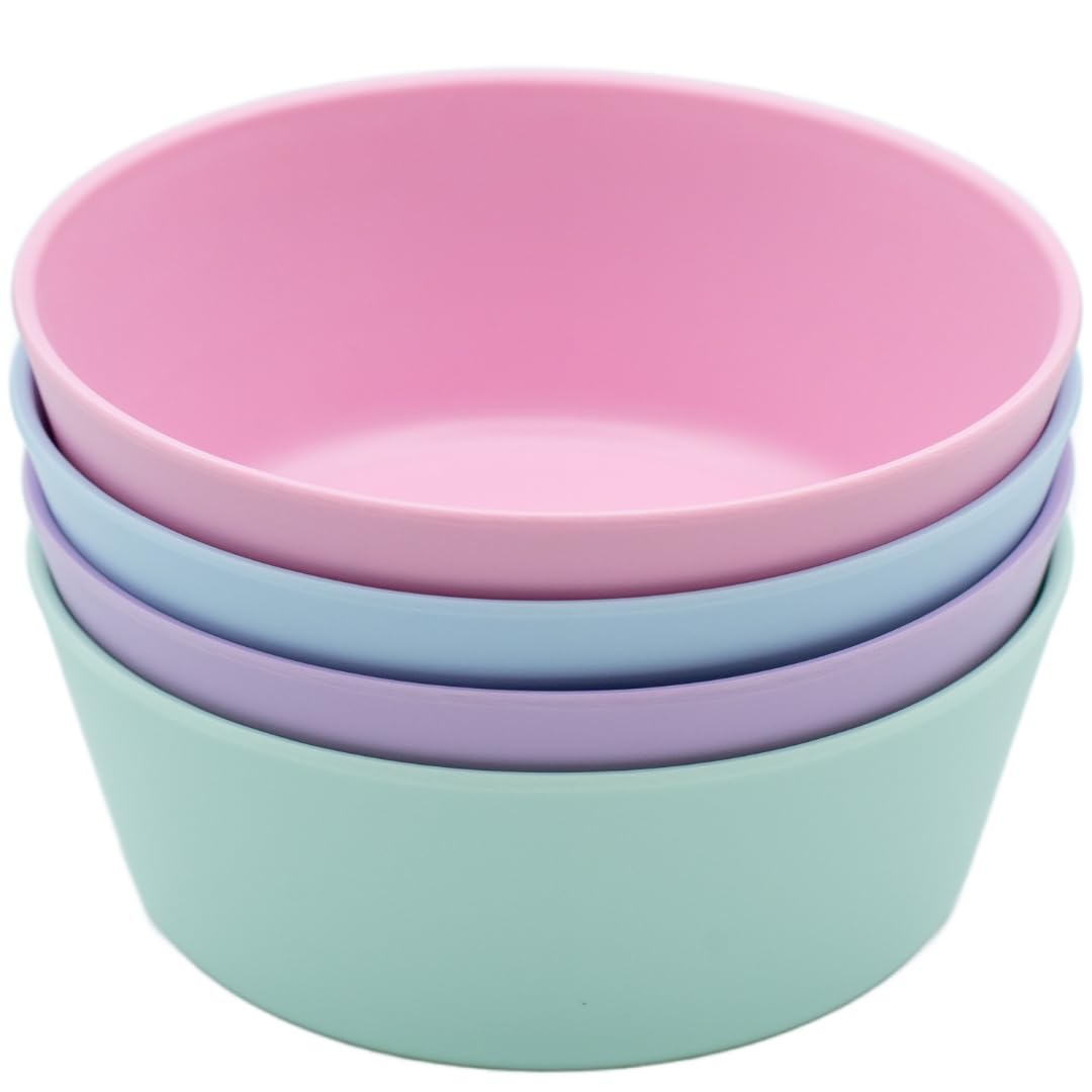 WeeSprout bamboo kids bowls four-pack in pastel colors, ideal for family-friendly meals at home.