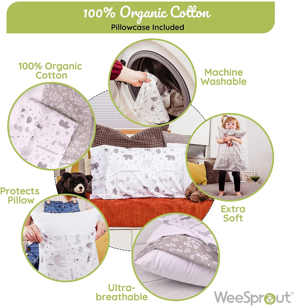 WeeSprout envelope-closure pillowcase demonstrates secure pillow fit during bedtime.
