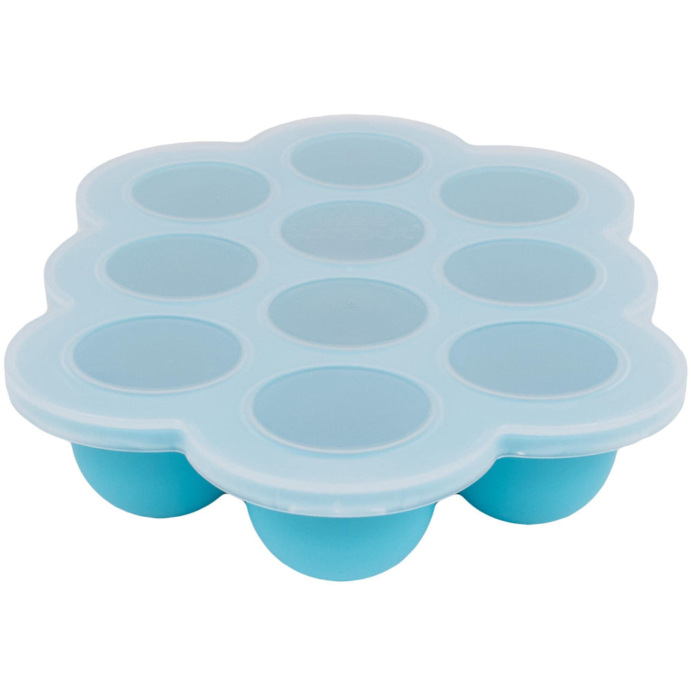 WeeSprout silicone freezer tray with bright blue clip-on lid for convenient baby meals