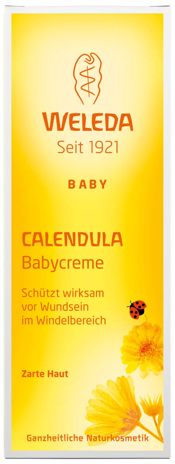 Weleda Calendula Baby Cream tube closeup showing smooth, mild texture for sensitive skin.