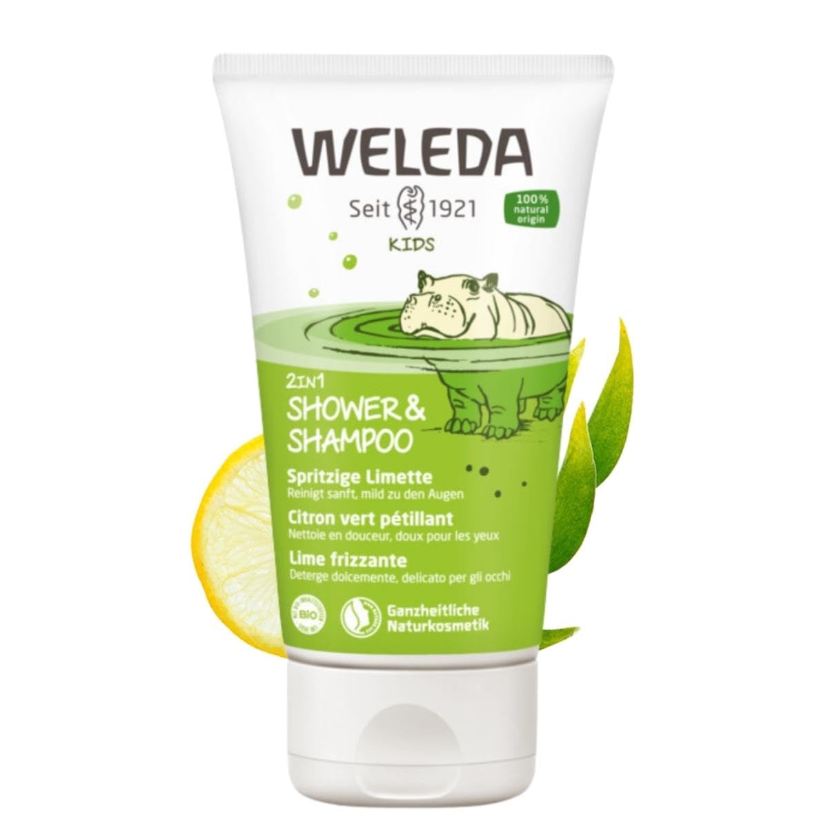 Weleda Kids 2-in-1 Lively Lime shampoo bottle delivers gentle cleansing for hair and skin