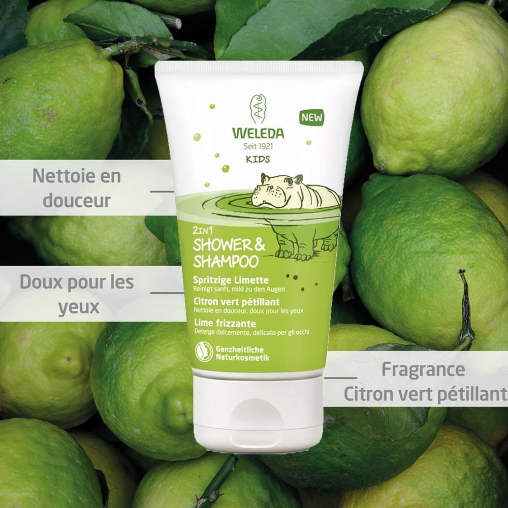 Weleda Kids 2-in-1 Lively Lime shampoo lather showing kid-friendly cleansing