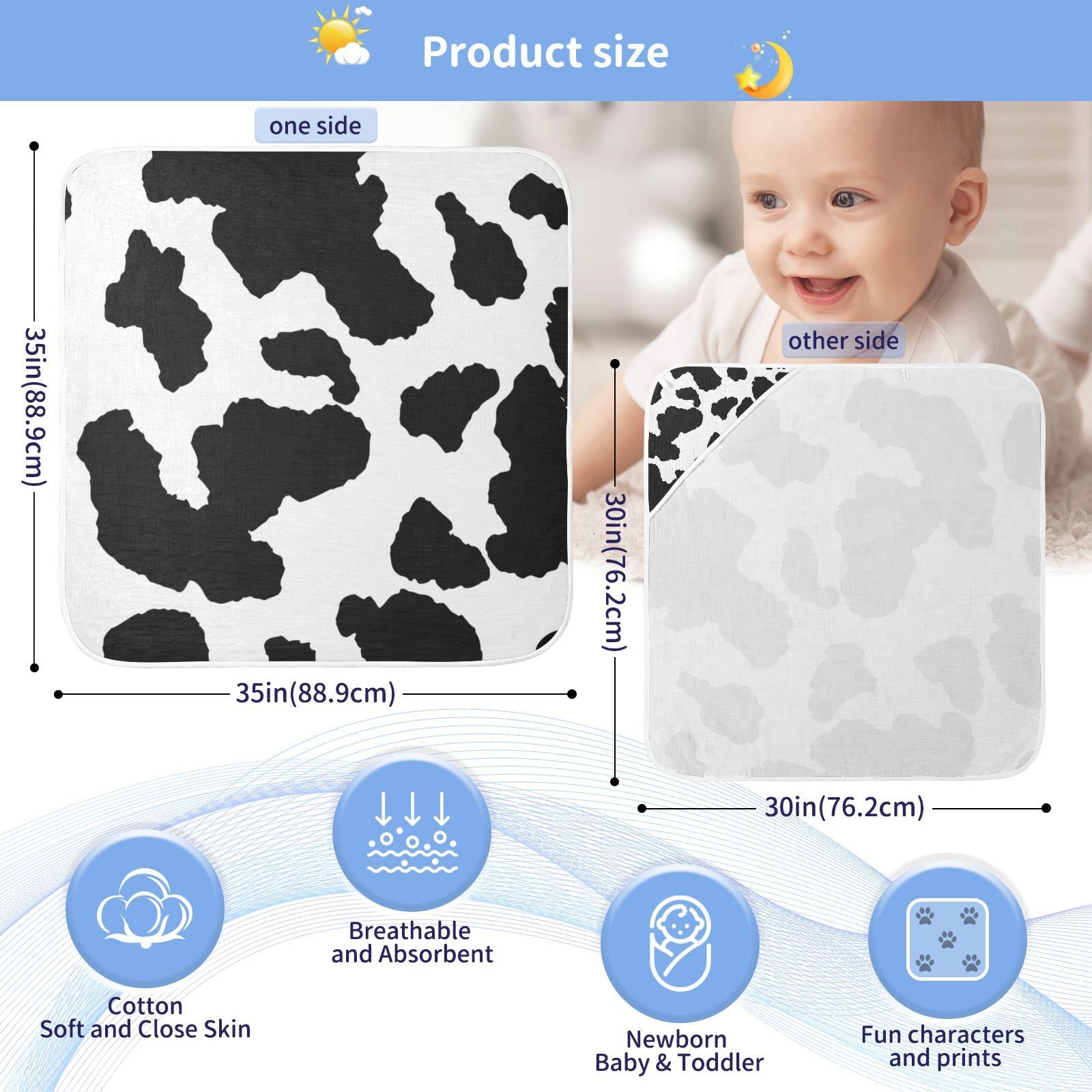 Wellday Cow Patter size S 30x30 demonstrates perfect baby fit