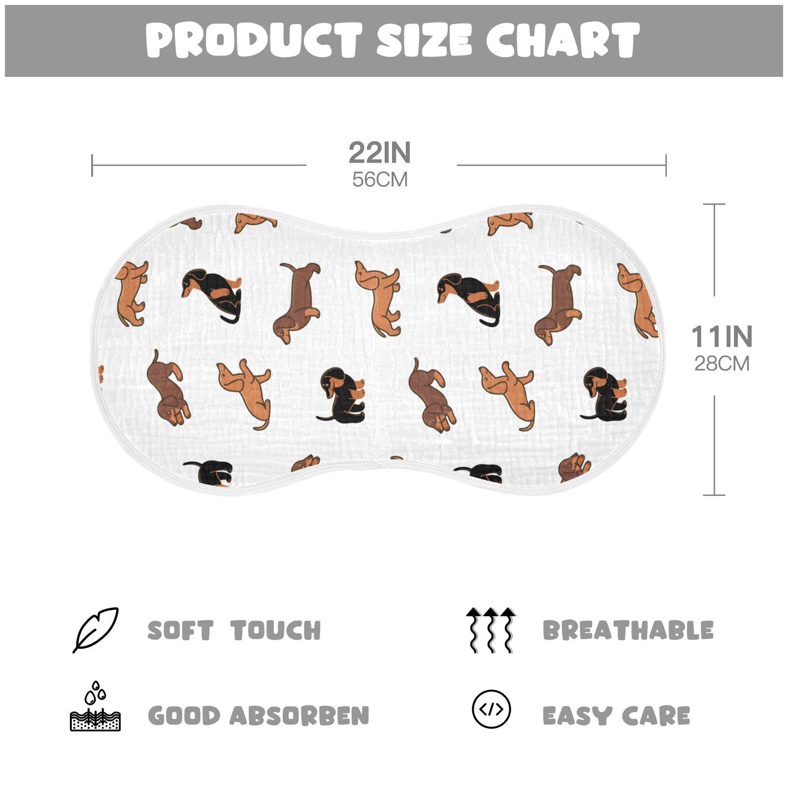 WELLDAY dachshund burp cloths; large 22x11 inch coverage guards clothes during spit-ups.