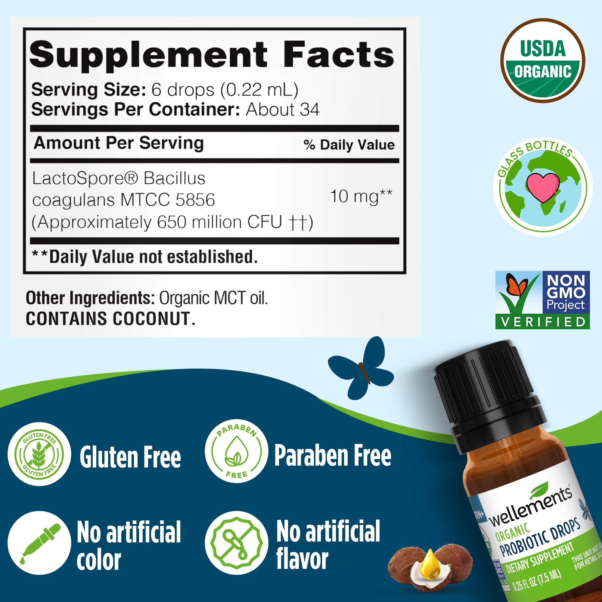 Wellements probiotic drops bottle label highlights LactoSpore probiotic for gut balance.