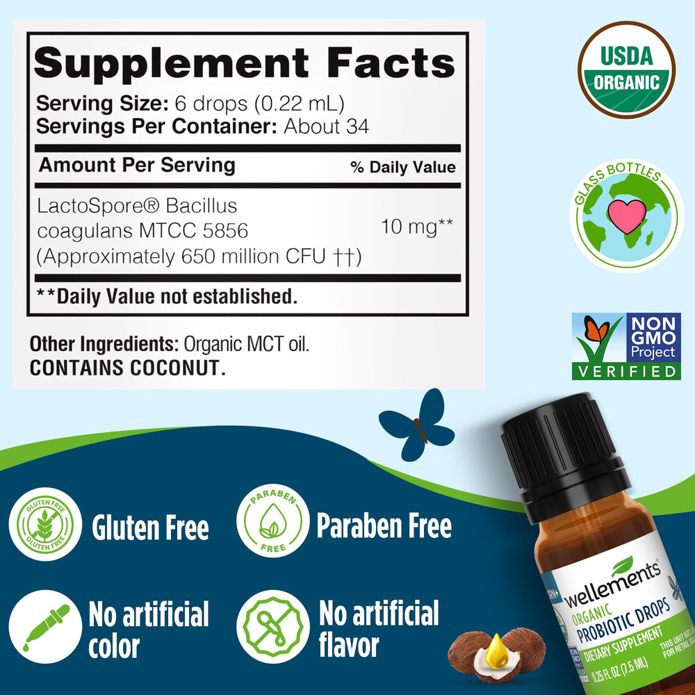 Wellements probiotic drops bottle label highlights LactoSpore probiotic for gut balance.