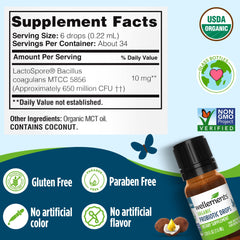 Wellements probiotic drops bottle label highlights LactoSpore probiotic for gut balance.