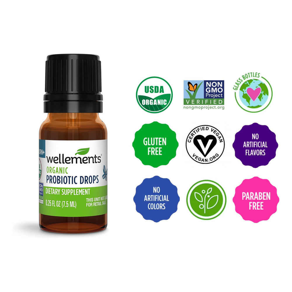 Wellements packaging shot highlights preservative-free infant probiotic solution.