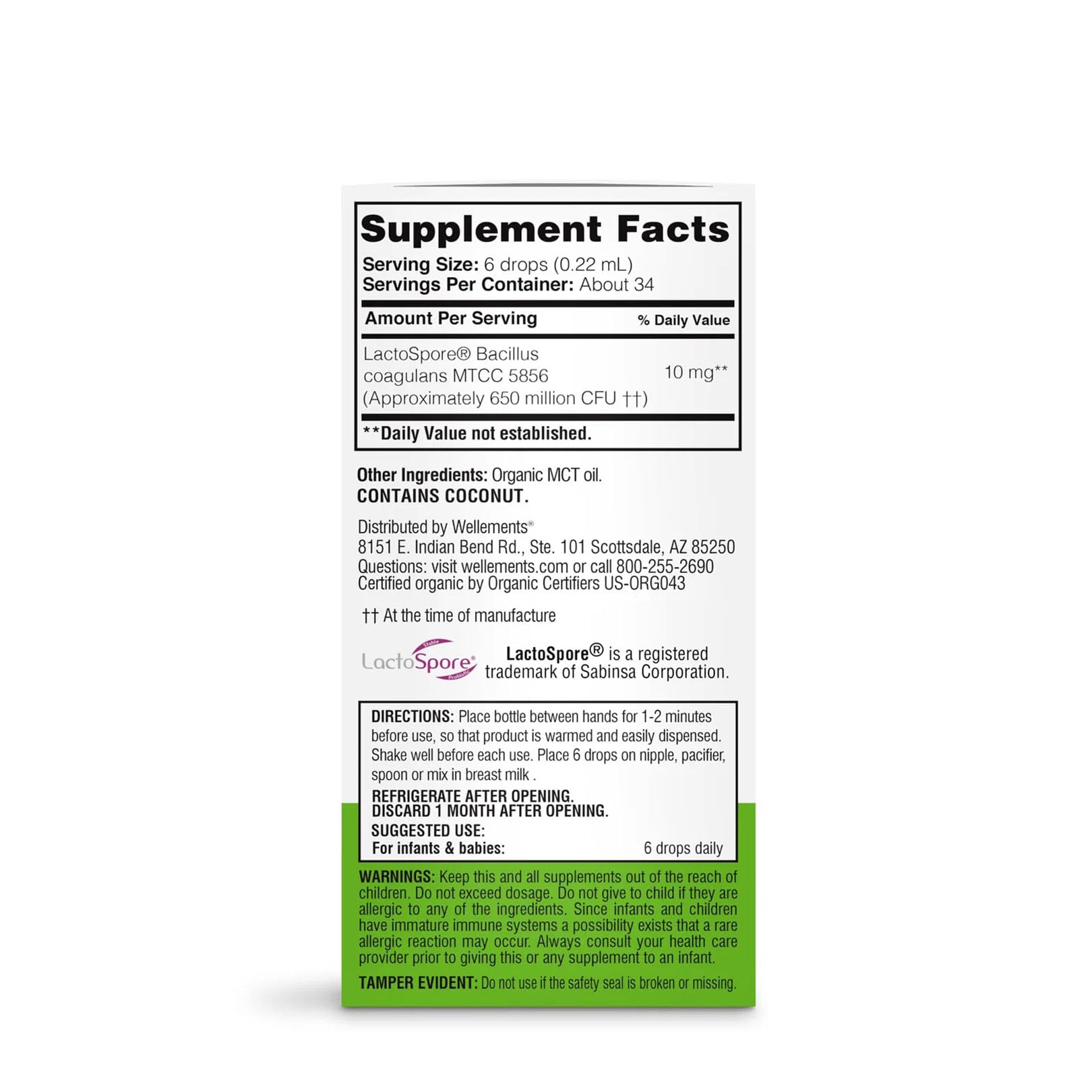 Wellements drops dosing shows six drops on nipple, pacifier, or spoon for easy use.