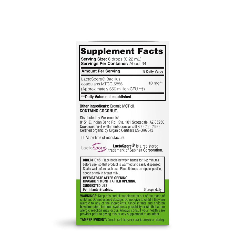 Wellements drops dosing shows six drops on nipple, pacifier, or spoon for easy use.
