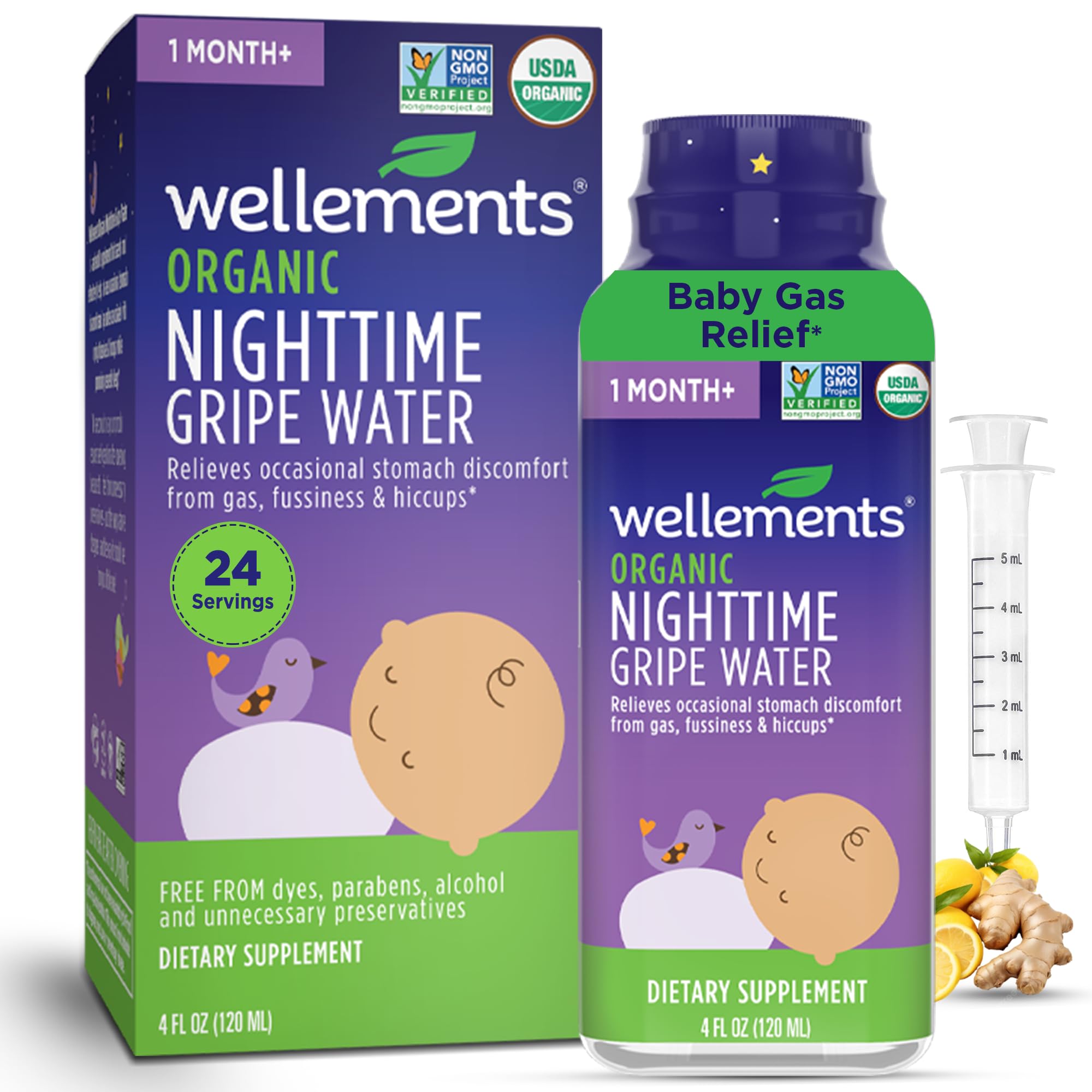 Wellements Nighttime Gripe Water bottle-front view for easy bedtime dosing.