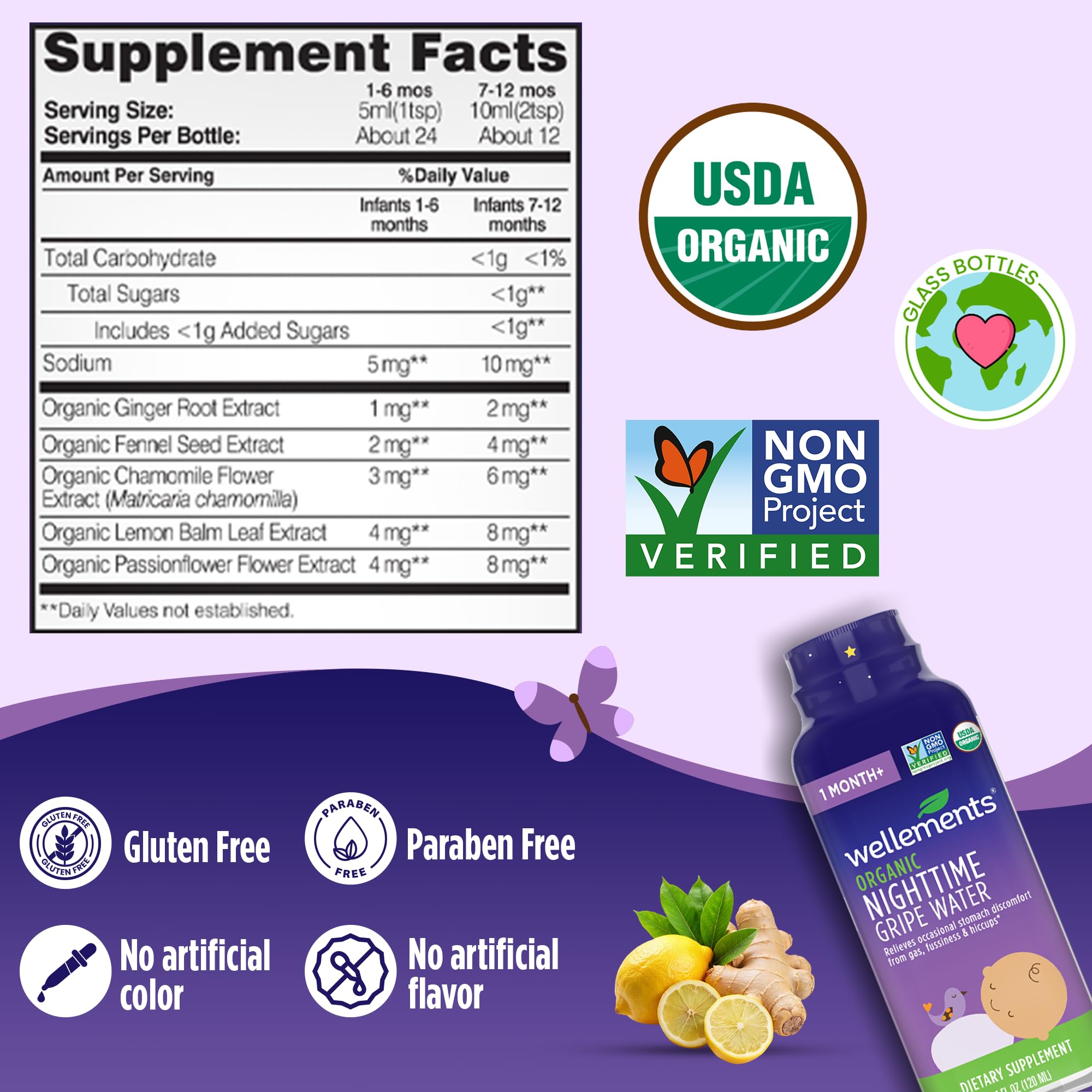 Wellements Nighttime Gripe Water organic herbs chamomile lemon balm passionflower blend.