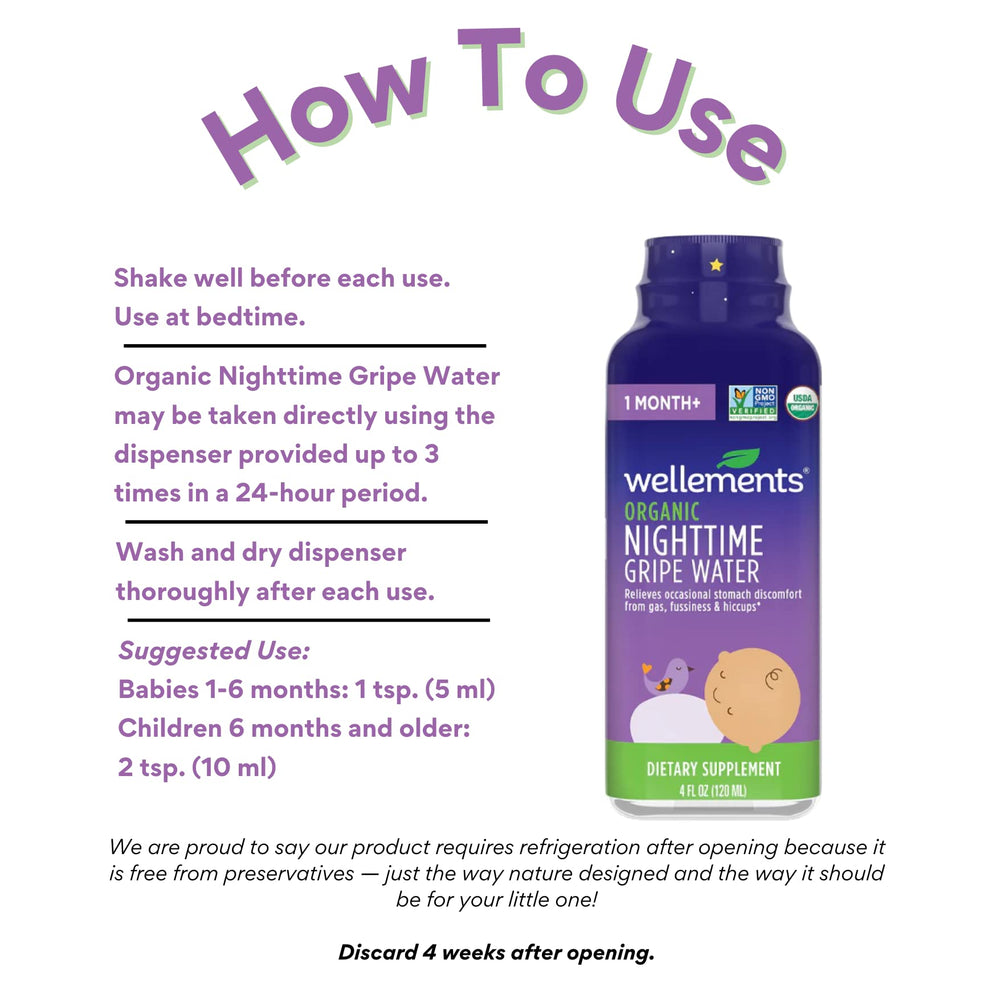 Wellements Nighttime Gripe Water refrigerator note after opening.