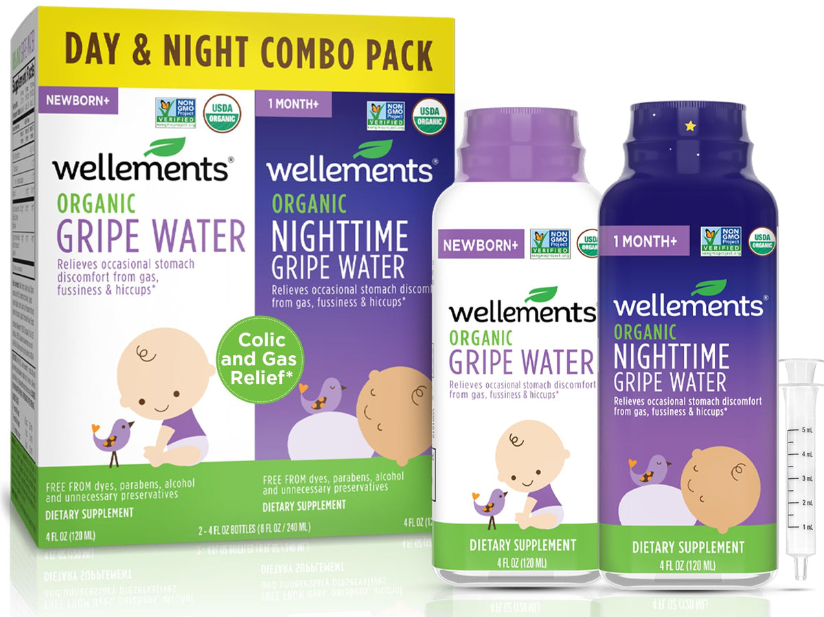 Wellements Organic Gripe Water Day & Night bottle label shows organic formula for gentle tummy comfort.