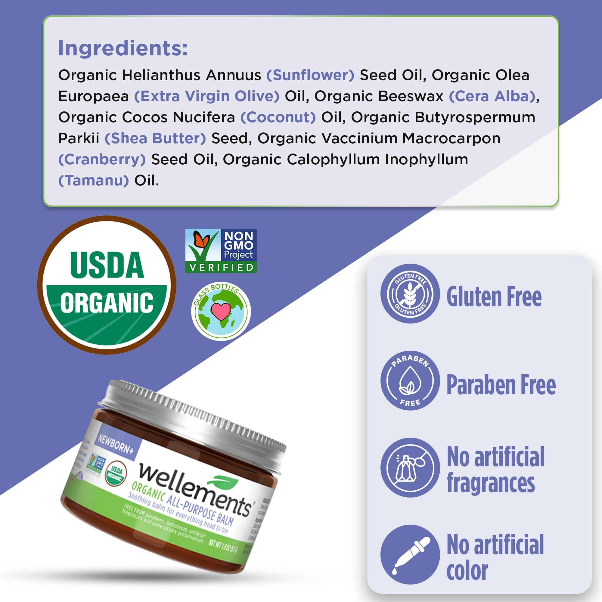 Wellements organic balm ingredients with coconut oil, sunflower oil, and shea butter