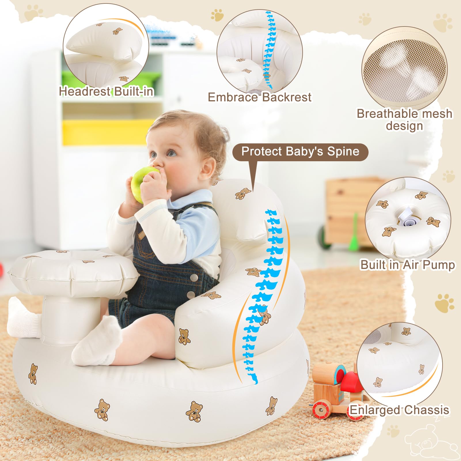 Welltop inflatable baby seat backrest provides supportive lounging for growing babies.