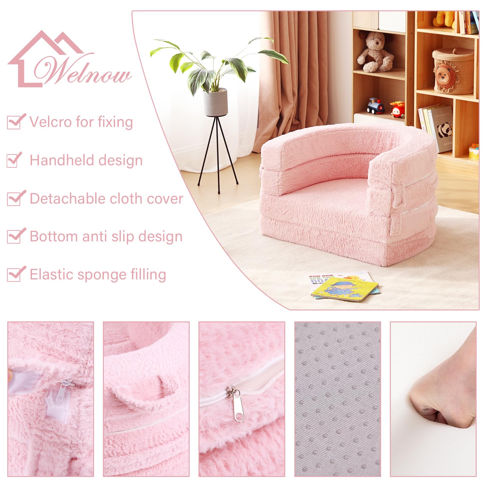 Welnow Toddler Bed pink-soft-cover highlights plush comfort for naps and quiet time.