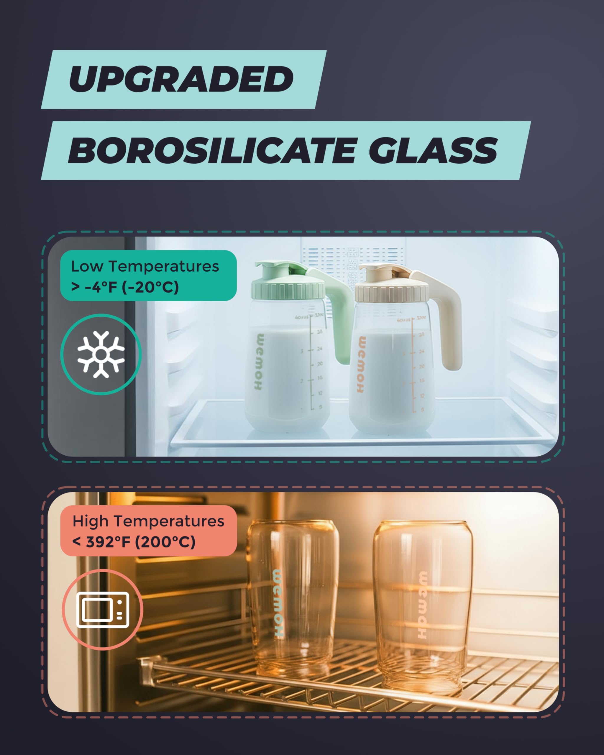 WEMOH 32oz borosilicate glass withstands heat and cold for versatile use