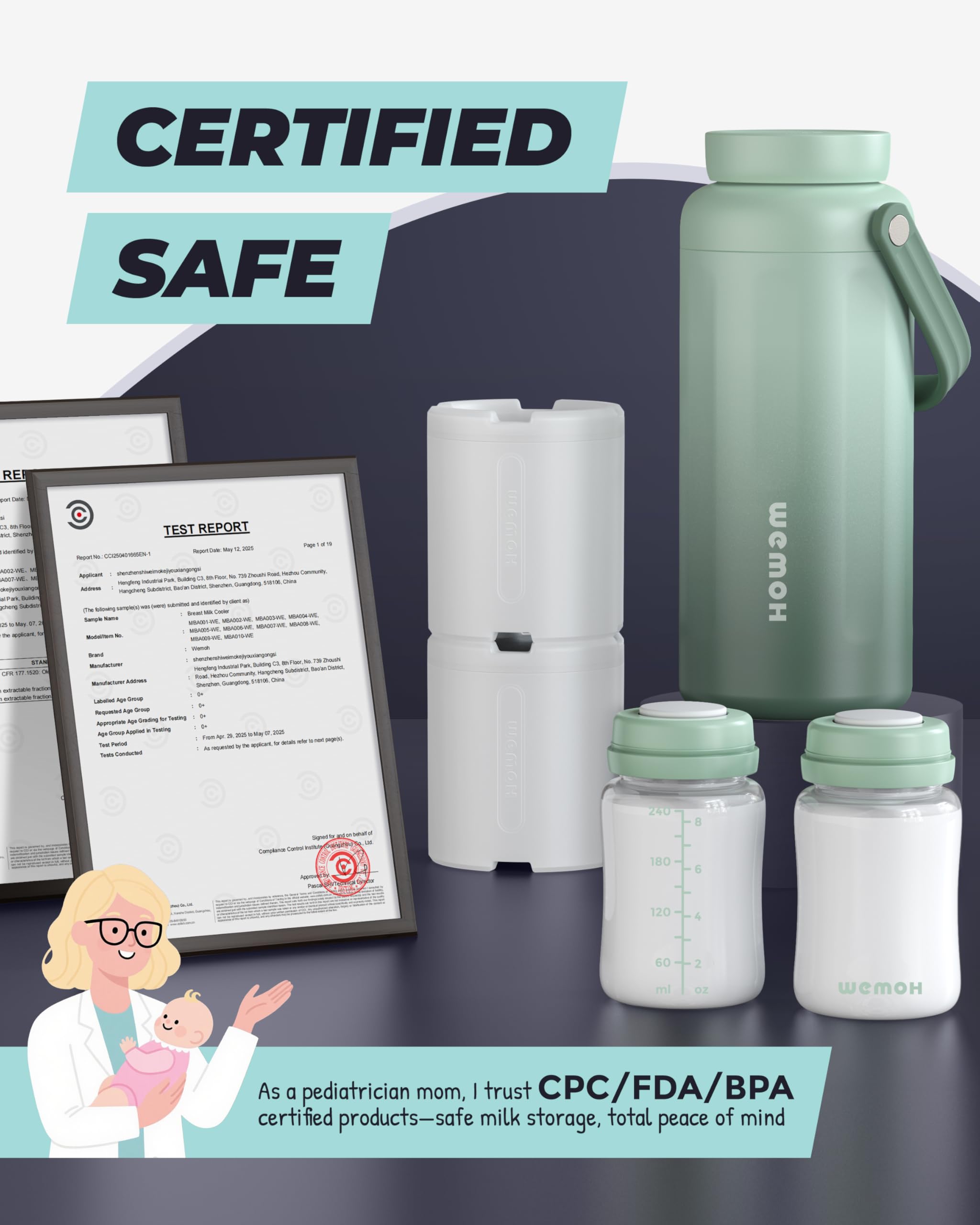 WEMOH BPA-free food-grade bottles highlight non-toxic materials and safe feeding.