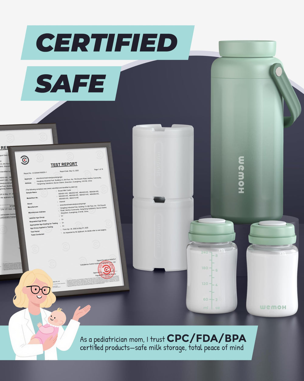 WEMOH BPA-free food-grade bottles highlight non-toxic materials and safe feeding.