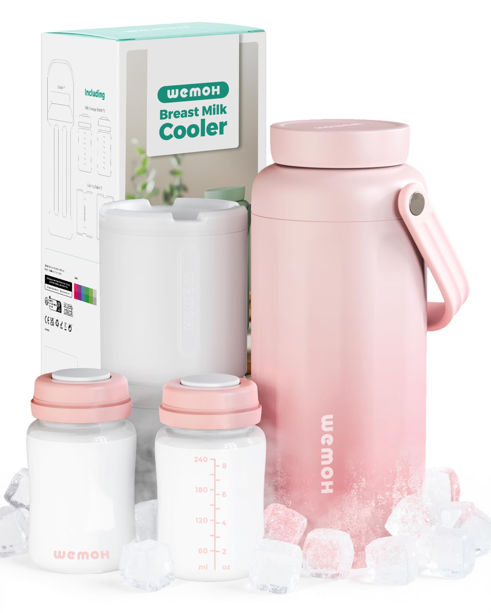 WEMOH breast milk cooler pink front view showing twin sealed chambers for easy night-pumping storage