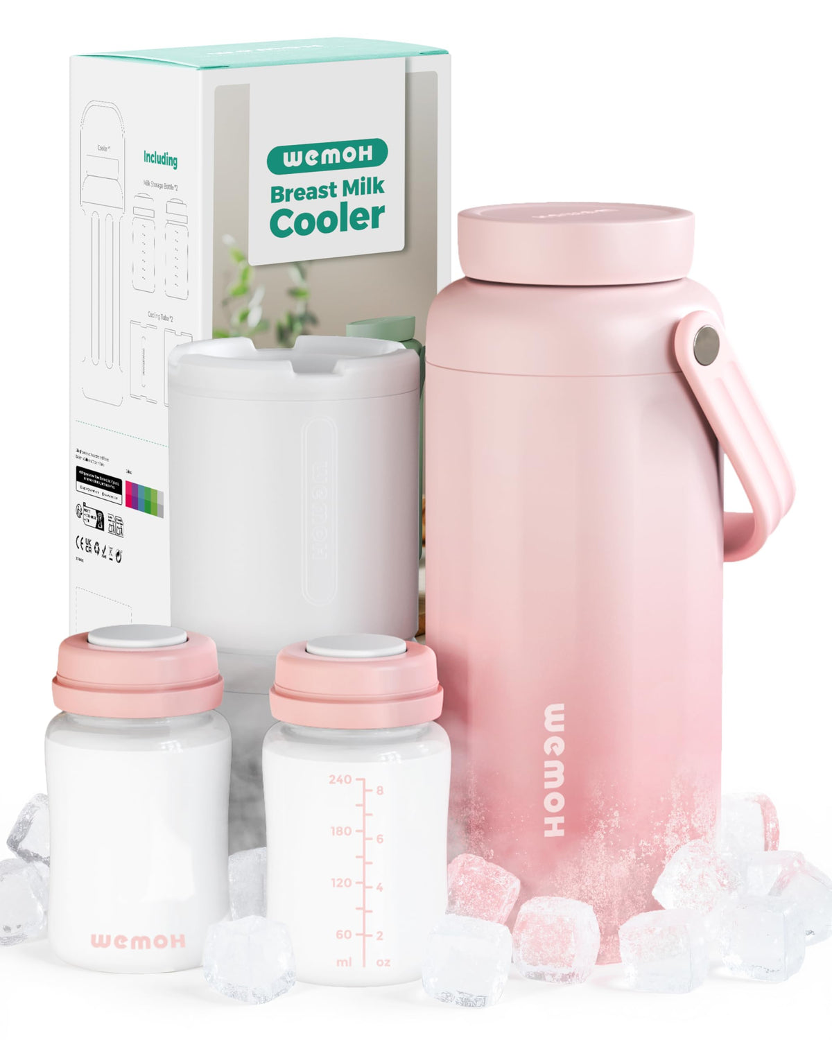 WEMOH breast milk cooler pink front view showing twin sealed chambers for easy night-pumping storage