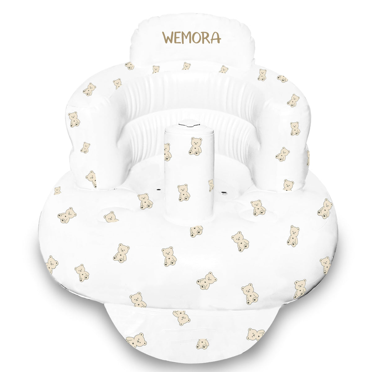 WEMORA inflatable baby seat in white bear with built-in air pump for quick setup.